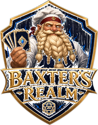 Baxter's Realm shield emblem logo with dwarf mascot holding cards on a navy and gold shield crest with d20 die accent and Baxter's Realm in premium gold serif lettering