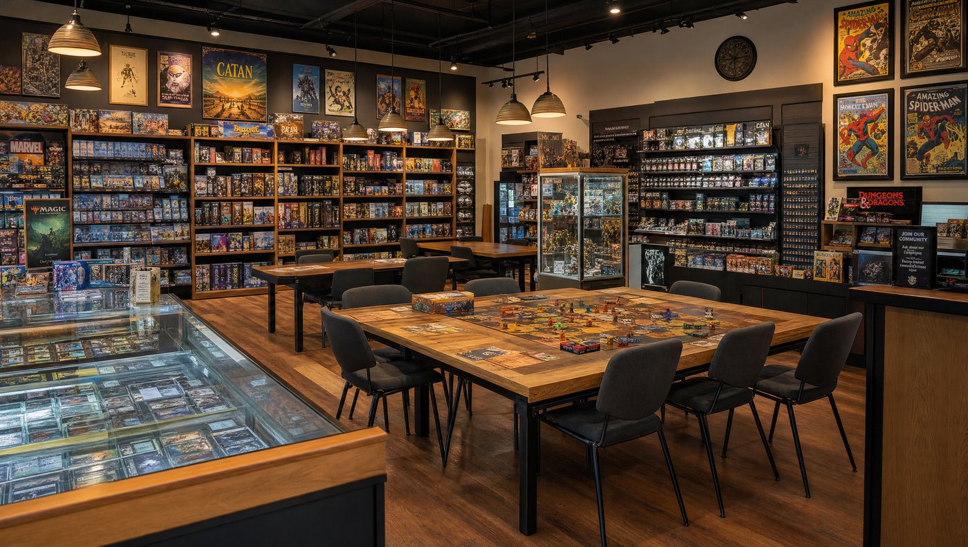 Interior of Baxter's Realm game store showing warm pendant lighting over wooden gaming tables surrounded by shelves stocked with board games, trading cards, miniatures, and comic book art on the walls